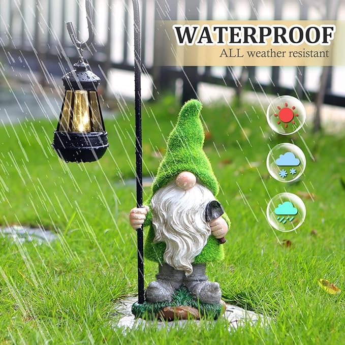 Flocked Solar Garden Gnomes Outdoor Statues 15.8”Outdoor Garden Decor LED Outdoor Decor Light Unique Housewarming Gifts Yard Art Sculptures for Patio Lawn Ornaments