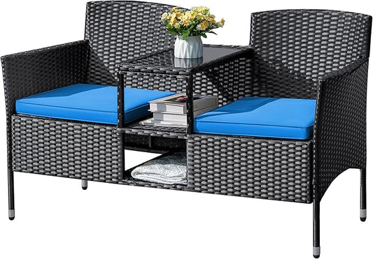 Flamaker Outdoor Furniture Patio Loveseat Wicker 2-Seat with Built-in Table and Cushions Rattan Porch Chairs Bench for Balcony, Lawn, Backyard (Blue)