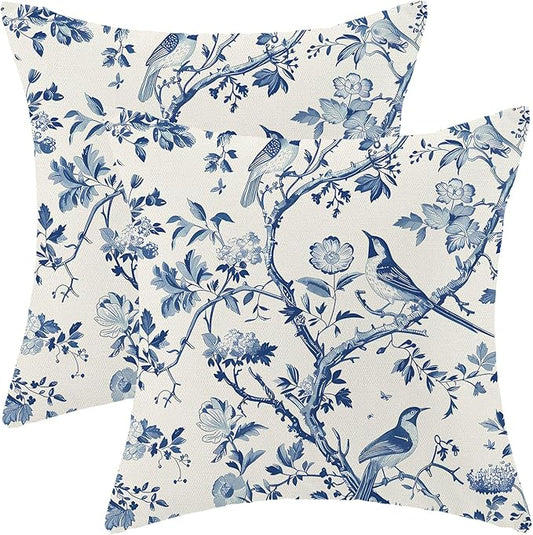 CXMEIFLY Spring Floral Pillow Covers 18 x 18 Inch Set of 2 for Navy Blue Chinoiserie Flowers Bird Decor Throw Pillows Vintage Plant Outdoor Decorative Cushion Cases for Couch Bed Decorations