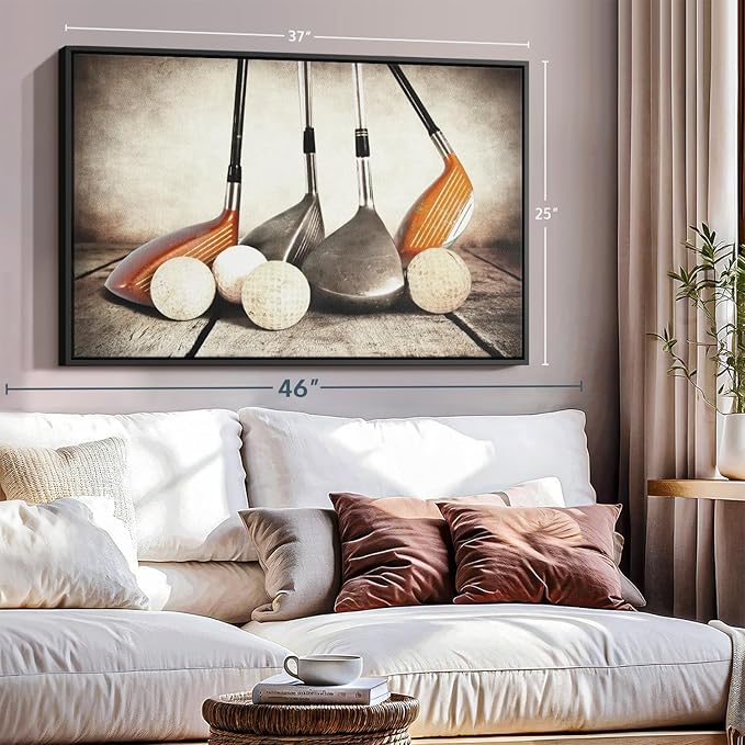 Elephant Stock Golf Sets Wall Art - Horizontal Framed Canvas - 1-Piece Mancave Wall Decor - Photography Sports Canvas Print - Yellow and Brown Decor for Wall - 37" X 25"