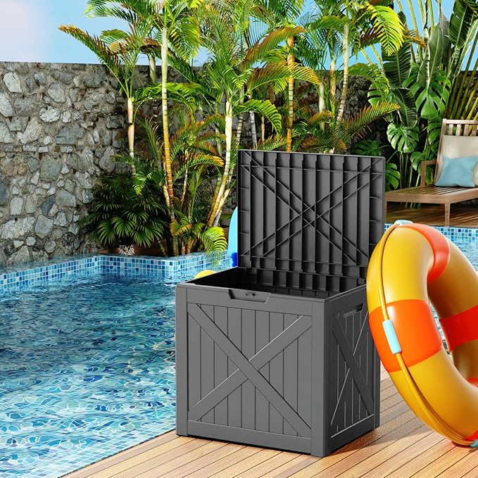 32 Gallon Resin Deck Box, Lockable Outdoor Storage Box for Patio Cushions Storage Furniture,Garden Tools, Pool Supplies, Weatherproof and UV Resistant（Black X）
