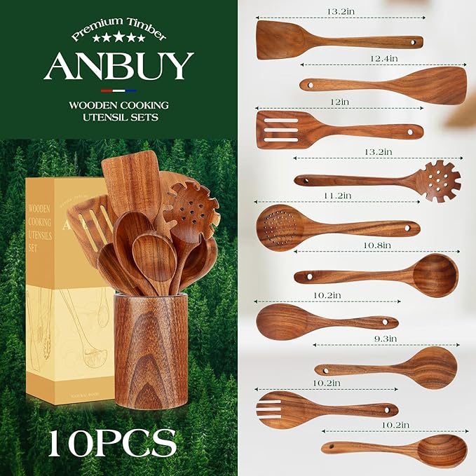 ANBUY Teak Wood Kitchen Utensils Set, Heat Resistant Wooden Spoons for Cooking, 10 Pcs Cooking Utensils Set Wooden, Wood Utensils Set for Cooking Food