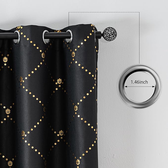 Grommets Blackout Long Window Curtains Black Gold-52W*108L 2PCS Drapes for Bedroom