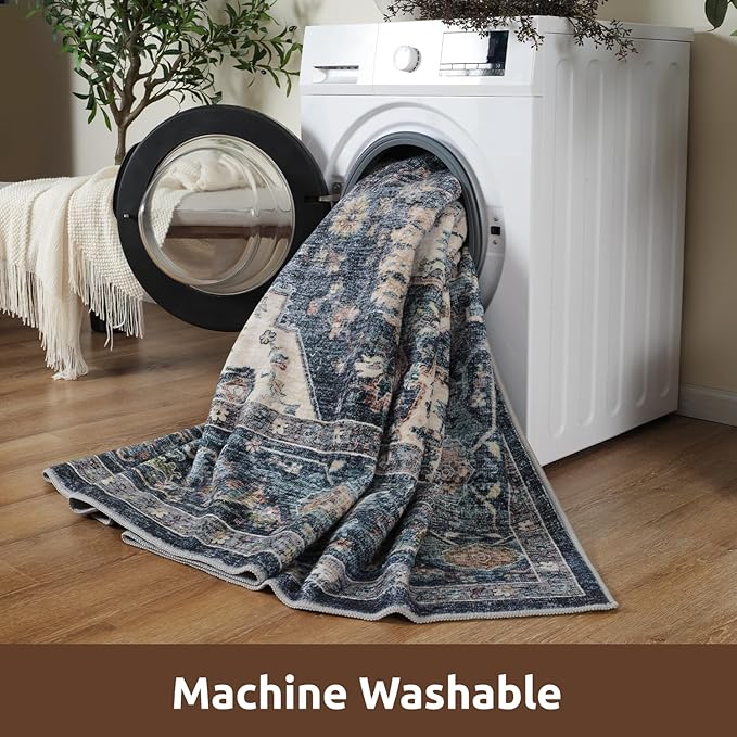 AMOAMI-Area Rug 5X7 Rugs for Living Room-Vintage Soft Blue Rugs for Bedroom-Non Slip Carpet-Machine Washable Rug for Dining Room Living Room Bedroom Office Under Table