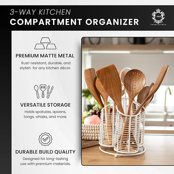 360° Rotating Kitchen Utensil Holder- 3 Compartment Organizer with Cork Bottom | Includes Premium 9-Piece Acacia Wood Utensil Set | Professional Luxury Design | Metal Utensil Crock (Matte white)