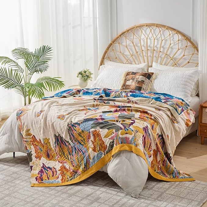 Boho Throw Blanket for Bed, Lightweight Reversible Quilt, Fall Cotton Blanket, Queen Size Boho Floral Bird Colorful Retro Quilt Ultra Soft Reversible Gauze Blanket for All Season, 80"x90"