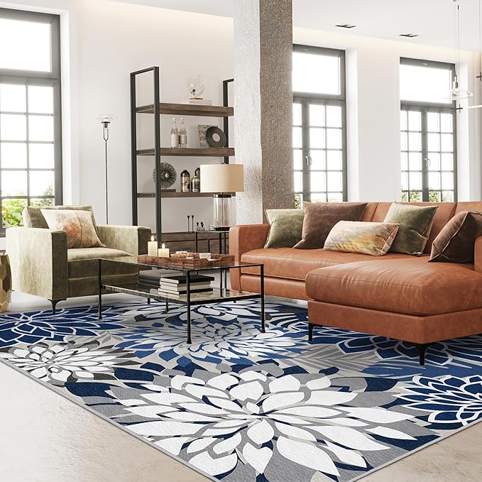 Indoor Outdoor Area Rug Washable Multicolored Patio Rug Tropical Botanical Modern Floral Indoor Outdoor Carpet Blue White Rug Non Slip for Patio, Deck, Backyard, Porch (5x8)