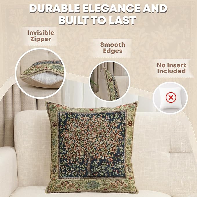 Charlotte Home Furnishings Throw Pillow Covers 16x16 in, Green Pastel Decorative Couch Pillow Cover, Boho Decor European Tapestry Cushion Cases, Living Room Cozy Home Decor, Jacquard Woven Soft Cotton