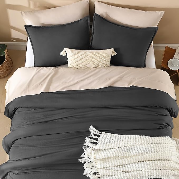 Litanika Grey Comforter King Size Set, Dark Gray Lightweight Plain Bedding Comforters Sets, All Season Fluffy Bed Set (104x90In Comforter & 2 Pillowcases)
