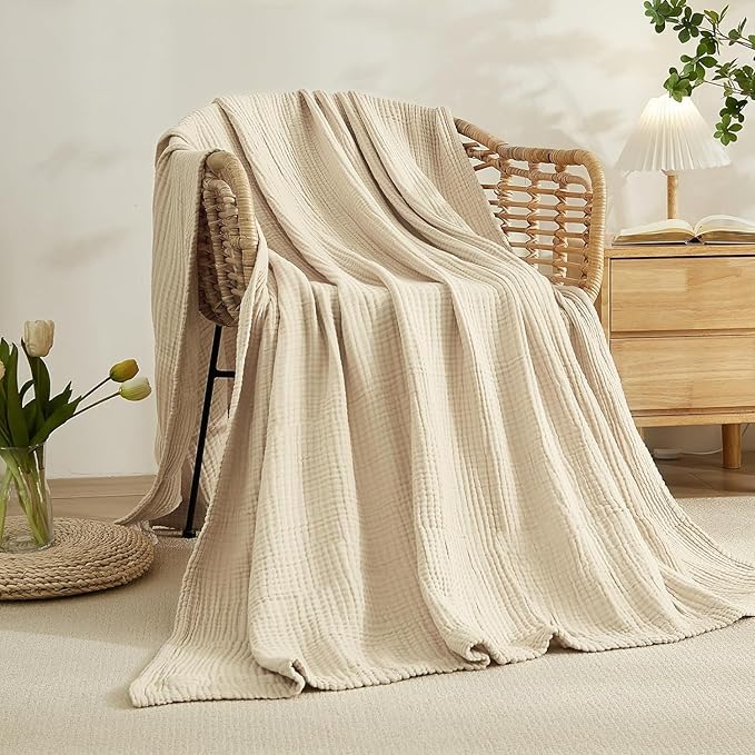EMME Cotton Throw Blanket Large 50"x70" Gifts for Women 100% Muslin for Couch Breathable Gauze All Season Soft and Lightweight Pre-Washed (Light Tan)