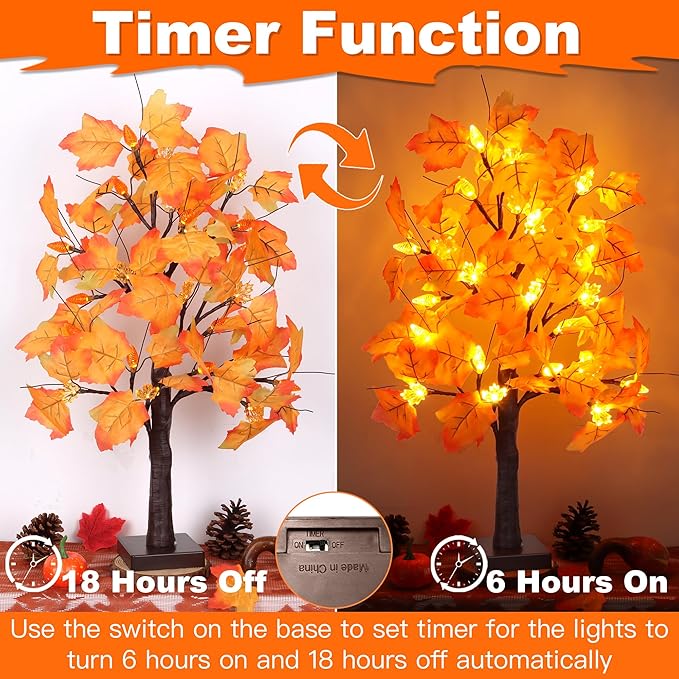 2 Pack 24 Inch Prelit Fall Maple Tree Fall Decor with 48 LEDs Timer Battery Operated Artificial Fall Light Up Tree Maple Acorn for Fall Thanksgiving Decorations Table Home Office Indoor Autumn Harvest