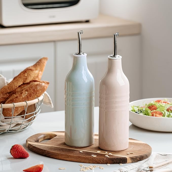 famiware Jupiter 16oz Ceramic Olive Oil Dispenser Bottle, Olive Oil and Vinegar Dispenser Bottle Set of 2 with Stainless Steel Pourers, Suitable for Storage Vinegar, Liquids, Light Blue & Light Pink