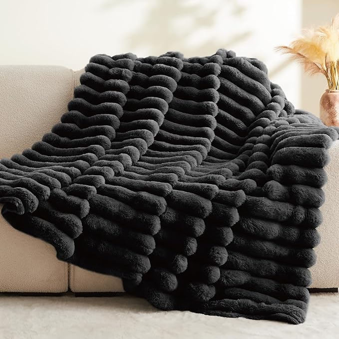 BEDELITE Faux Fur Throw Blanket for Couch, Soft and Cozy Luxurious 3D Striped Fluffy Blanket, 770GSM Thick Warm Plush Fuzzy Faux Rabbit Fur Blanket for Women Gift (Black, 60"x 80")