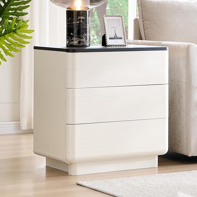 JXQTLINGMU 22" Modern Nightstand Set of 2 with Charging Station, Large Push-to-Open End Table, Wood Bedside Table, Curved Profile, Handleless 3 Drawer Night Stand for Bedroom, Living Room, Off White