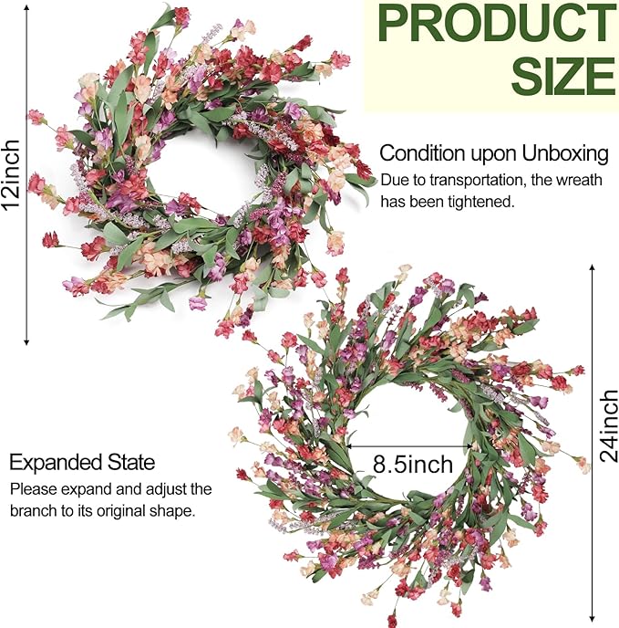 Artgar Front Door Wreath 24 Inch Spring/Summer Wreaths for Front Door, Front Door Wreaths for All Seasons for Indoor Outdoor Home Office Wall Window Wedding Farmhouse Decor (Red&Orange&Purple)