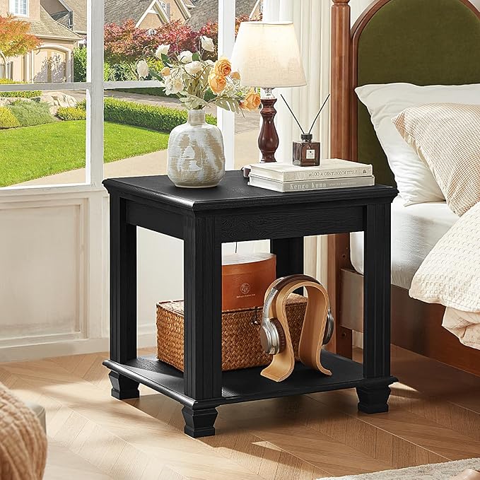 Farmhouse End Table,Large Side Table with 2-Tier Storage Shelf,Rustic Wood End Tables for Living Room,Square Tea Table,Black