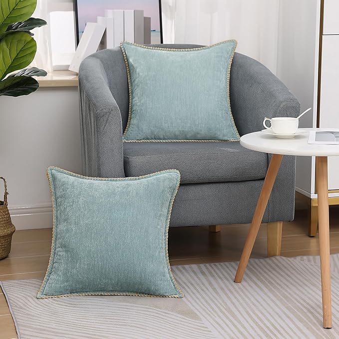 decorUhome Chenille Soft Throw Pillow Covers 20x20 Set of 2, Farmhouse Velvet Neutral Decorative Euro Pillow Covers with Stitched Edge for Couch Sofa Bed Home Decor, Aqua Haze