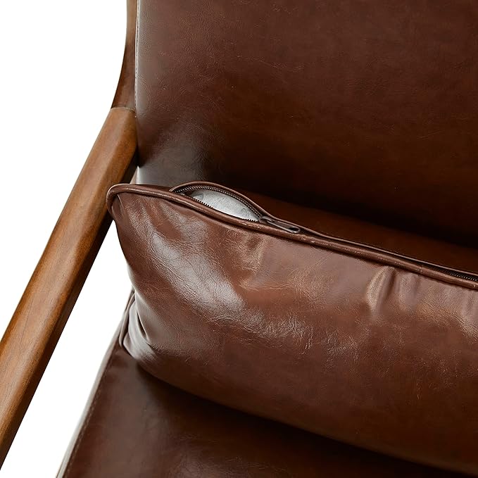 Glitzhome 2 Set Mid Century Coffee Accent Armchair, Single Reading Armchair PU Leather Lounge Chair with Walnut Ruberwood Frame