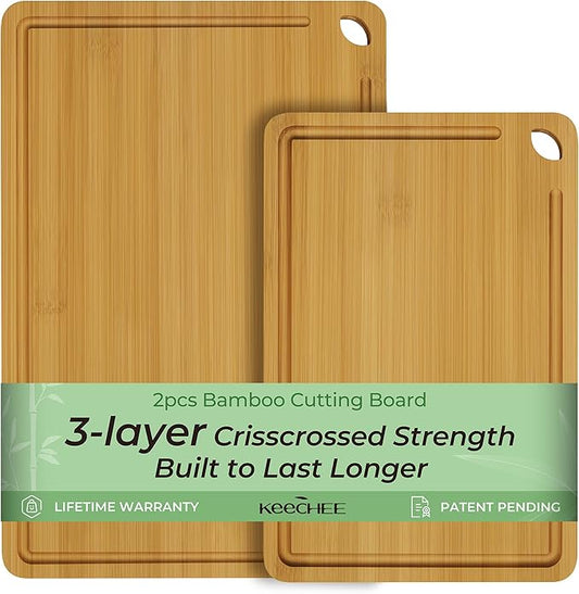 Chopping Board 2-Pcs Natural Bamboo Cutting Board With Juice Channels & Knife-Friendly Finish For Versatile Kitchen Use, Ideal Charcuterie & Chopping Multi-Use