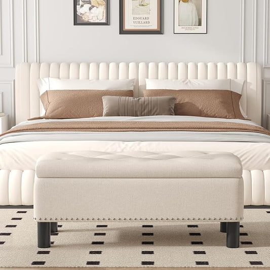 Furniliving 42” Ottoman Bench with Storage, Folding Storage Ottoman Benches with Wood Legs, Upholstered Bedroom Bench with Button-Tufted, Entryway Bench for Bedroom, Linen, Beige