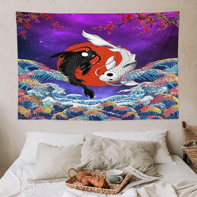 Houselerax Japanese Koi Fish Tapestry, Yin Yang Big Wave Cherry Blossom Tapestries Wall Hanging for Bedroom Living Room Office Decor 60"x40"