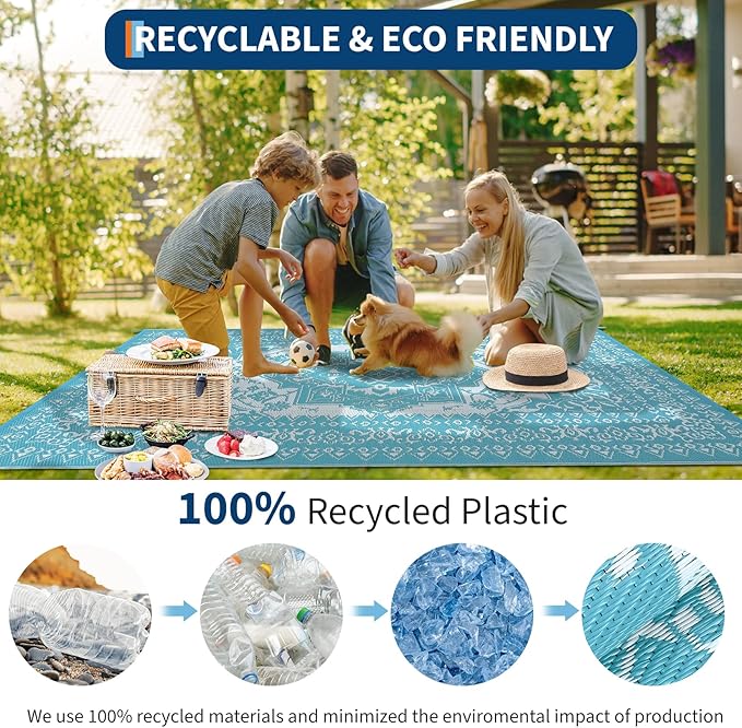 GAOMON Outdoor Rugs 8x10 Waterproof Reversible Outdoor Plastic Straw Rug, Large Patio Rugs UV-Resistant Portable RV Camping Mats, Vintage Boho Carpet for Deck Porch Garden, Light Blue & White