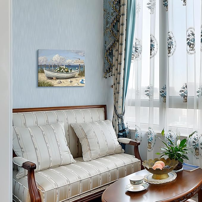 amatop Coastal Wall Art– Beach Scene Picture with Boat on Sandy Shore, Flowers and Sea Birds, Blue Ocean Seascape Themed Canvas Print Nautical Artwork for Bathroom and Bedroom Decor, Small 16x12 Inch