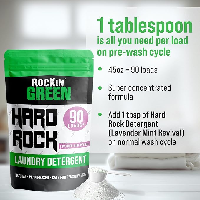 Rockin' Green Hard Rock Laundry Detergent for Hard Water (90 Loads), Plant based, Natural Laundry Detergent Powder, Biodegradable Odor Fighter, Safe for Sensitive Skin, 45 oz (Smashing Watermelons)