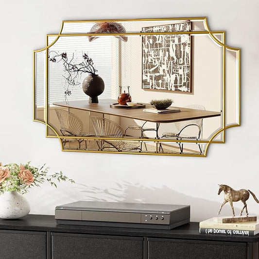 Gold Mirror for Wall, 36x24 Gold Wood Framed, Scalloped Beveled Polished Rectangle Mirror, Large Decorative Mirrors for Wall Decor, Irregular Mirror for Living Room, Bathroom Vanity, Entryway