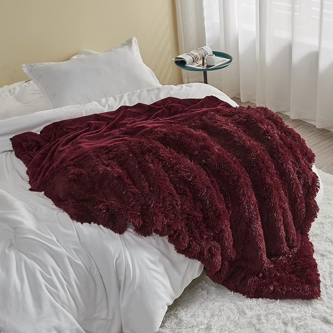 GONAAP Fuzzy Faux Fur Throw Blanket Queen Size Wine Red Super Soft Cozy Plush Fuzzy Shaggy Blanket for Couch Sofa Bed (Wine Red, Queen(90"x90"))