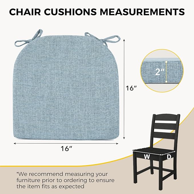 downluxe Indoor Chair Cushions for Dining Chairs, Soft and Comfortable Textured Foam Kitchen Chair Pads with Ties and Non-Slip Backing, 16" x 16" x 2", Light Blue, 2 Pack