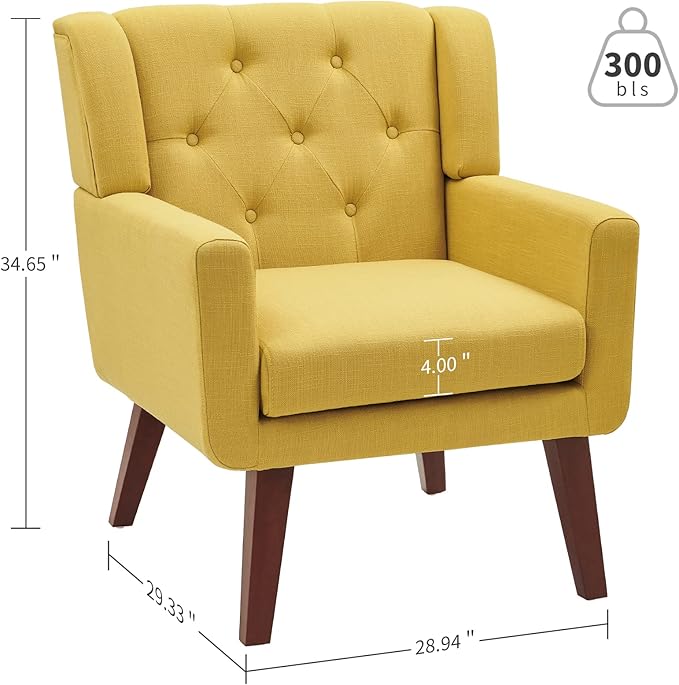 Accent Chair Button-Tufted Upholstered Living Room Chairs Comfy Reading Chair Mid Century Modern Chair with Linen Fabric Lounge Arm Chairs for Living Room Bedroom (Yellow)