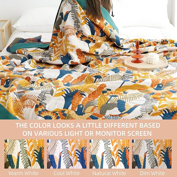 Boho Throw Blanket for Bed - 100% Pure Cotton Ultra Soft Rustic Quilt - Farmhouse Decor Bed Blankets, All Season Rustic Throw for Sofa Couch Chair(80''x 90'', Floral Bird)