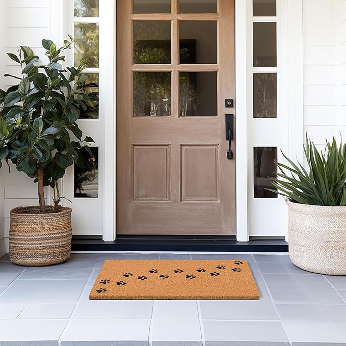 Barnyard Designs Natural Coco Coir Heavy Duty Backing Doormat - Large Cute Non-Slip Front Door Welcome Mat for Outside Entrance or Porch Entry, Brown (17x30, Paws)