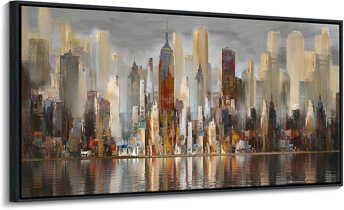 Abstract Brown New York City canvas Wall Art Framed Large Wall Art for Living Room Modern Paintings for Bedroom Cityscape New York Wall Decor Artwork Wall Pictures for Office and Bedroom 24×48in