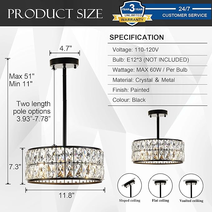 12” 3-Light Modern Crystal Chandeliers Black Dinning Room Light Fixture with Two Poles, Round Pendant Light Kitchen Island Chandelier, Flush Mount Ceiling Light for Living Room Entryway