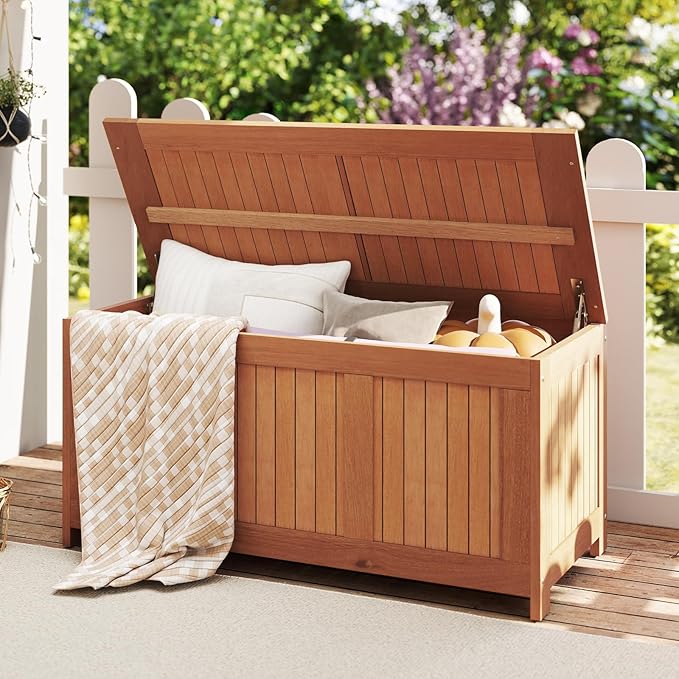 Tangkula 58 Gallon Wood Deck Box, 3-in-1 Patio Storage Bench Stool w/Flip Top for Cushions, Pool Supplies, Gardening Tools, Outdoor Container Chest for Garden, Backyard, Poolside