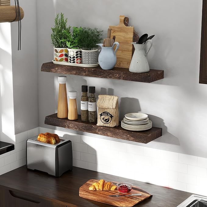 30" Floating Shelves, Live Edge Solid Elm Wood Floating Shelf, Wall Mounted Display Shelves with Heavy-Duty Bracket for Books, Rustic Wooden Shelf for Kitchen, Bathroom, Walnut Color, Set of 2