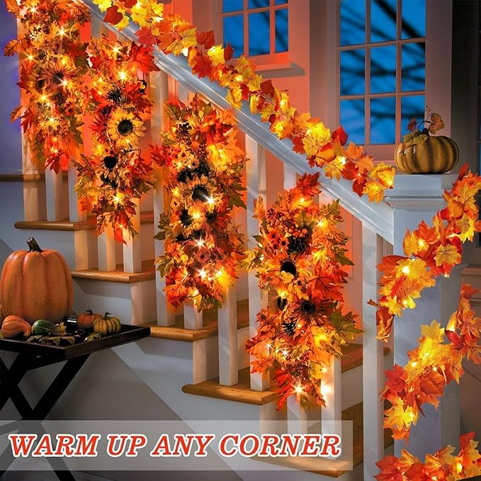 4 Pack Fall Decor Garland - Fall Thanksgiving Decorations for Home - 23.6Ft Maple Leaves Garland with Lights Battery Operated for Mantle Fireplace Table Indoor Outdoor Autumn Halloween Christmas Decor