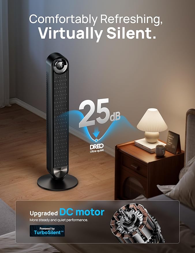 Dreo Tower Fan for Bedroom, Upgraded DC 9 Speeds 25dB Ultra-Quiet Floor Fan, 90° Oscillating Fans with 28ft/s Velocity, 12H Timer, Standing Fan, Bladeless Fan Powerful for Home Office Room
