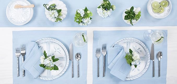 Solino Home Sky Blue Table Runner 90 Inches Long - 100% Pure Linen Hemstitch 14 x 90 Inch Table Runner for Dining - Classic Hemstitch