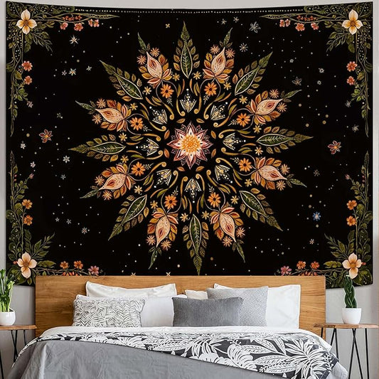 Fowocu Boho Floral Mandala Tapestry for Bedroom Aesthetic Vintage Bohemian Flower Wall Tapestry Black Green Hippie Indian Extra Large Tapestries Wall Hanging for Living Room Dorm Decor 90 x 68 Inch