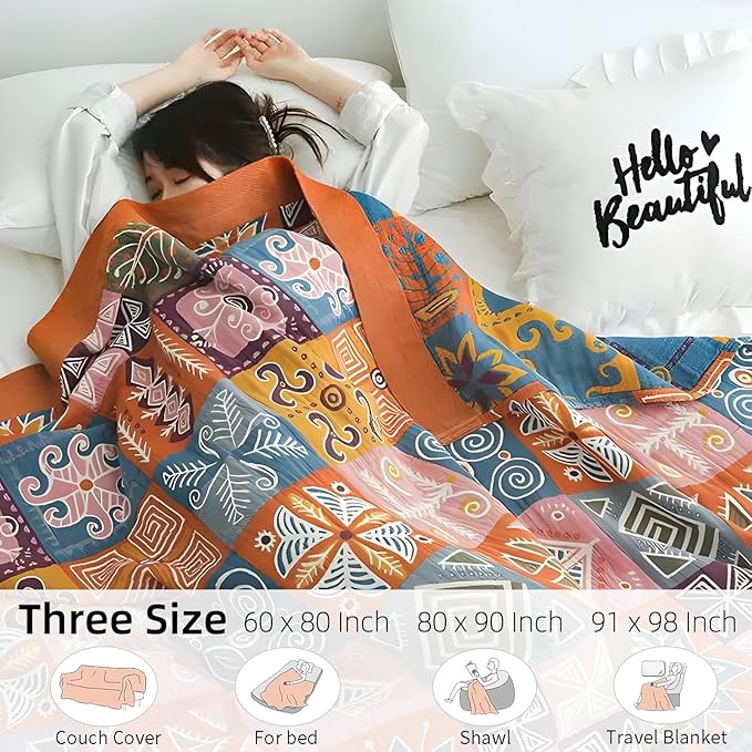 Boho Throw Blanket for Bed - 100% Pure Cotton Ultra Soft Rustic Quilt - Farmhouse Decor Bed Blankets, All Season Rustic Throw for Sofa Couch Chair(60"×80", Art Squares)