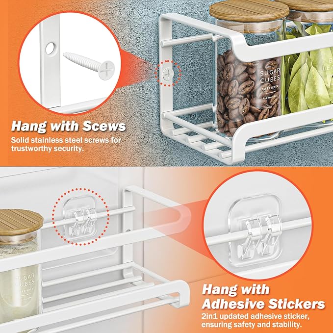 Spice Rack wall mounted 2 Pack, Space-Saving Spice Organizer for Spice Jars and Seasonings,Screw or Adhesive Hanging Spice Rack Organizer for Your Kitchen Cabinet,or Pantry Door,White
