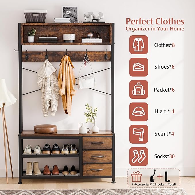 Lulive Hall Tree with Bench and Shoe Storage, 31.5" Coat Rack Freestanding with 2-Tier Storage Shelf, 6-in-1 Entryway Bench Coat Rack with 12 Hooks and 3 Drawers(Rustic Brown)