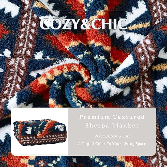 CASAAGUSTO Boho Sherpa Throw Blanket, Aztec Throw, Ultra Soft, Warm, Cozy, Plush, Thick Fleece Bohemian Throw Blanket for Couch, Bed, Sofa (Navy Blue 50 * 60 Inch)