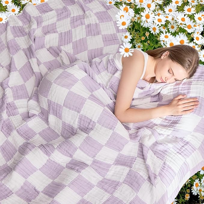 EMME Checkered Throw Blanket Cotton for Couch Soft Muslin Blankets 50"x60" Lightweight Breathable Cooling Soft All Season Gauze, Lavender