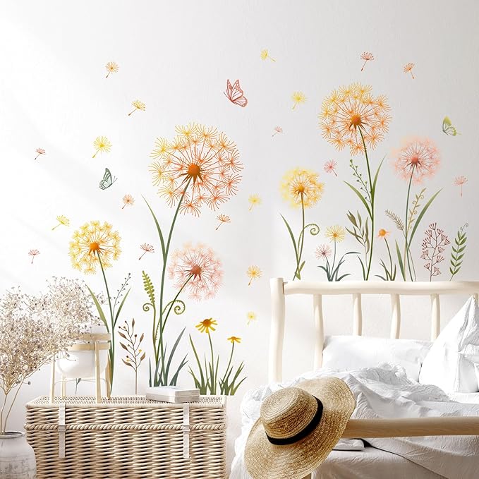 Dandelion Flower Butterfly Wall Decals Gold Dandelion Plants Floral Wall Stickers Peel and Stick Vinyl Wall Art Decor for Living Room Bedroom Office TV Sofa Backdrop Home Decor Gifts for Mom