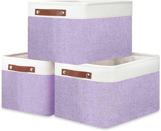 DULLEMELO Storage Baskets for Organizing, Shelves,Bedroom, Decorative Storage Bins with Leather Handles, Fabric Storage Basket for Office, Toys(3-Pack, White&Purple)
