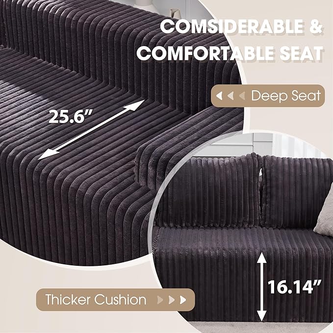 Hobestluk 96” Modular Sectional Sofa Couches L-Shape Couch 3 Seat Modular Sofa Memory Foam Sectional Couches for Living Room, Cloud Couch with Oversized Chaise (Grey, Stripe (Right Facing Chaise))